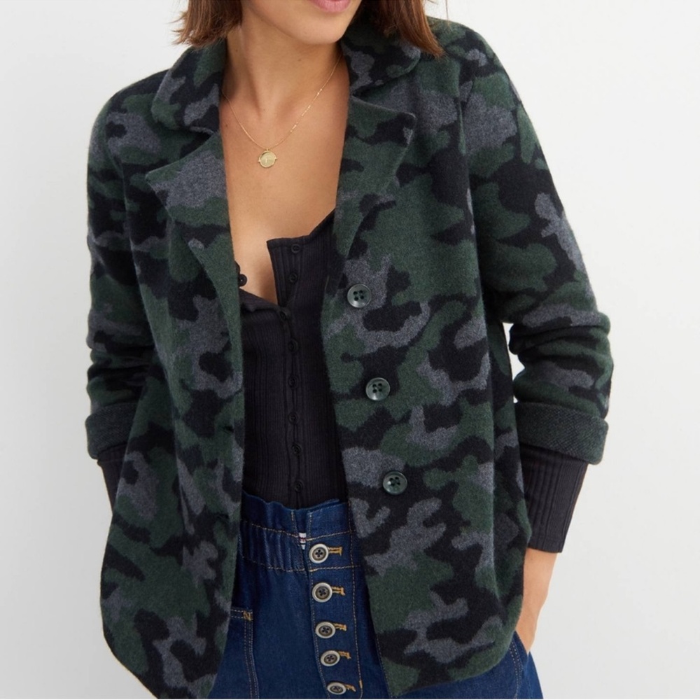 Anthropologie Sweater Blazer Wool Camo Barbara by Field Flower SZ LARGE NEW